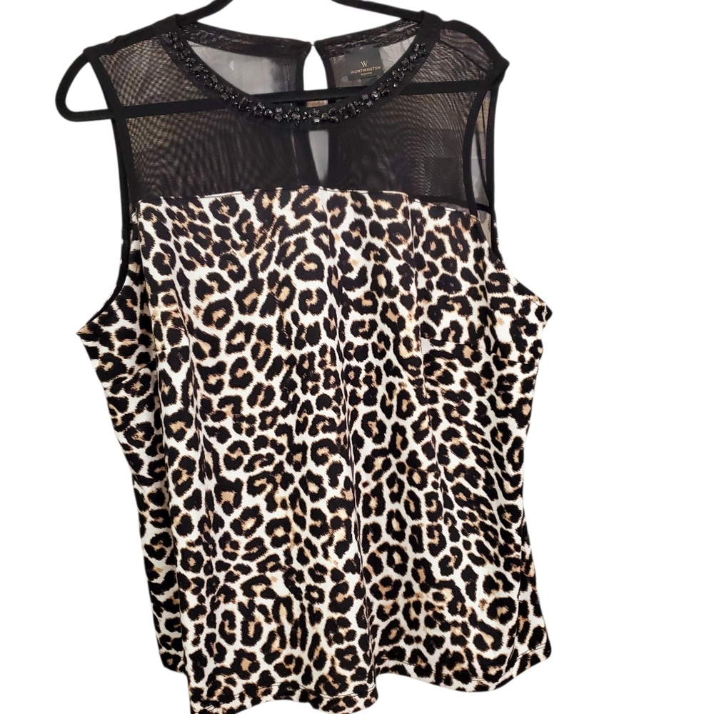 Worthington Leopard Print Top with Sheer Black Mesh Yoke & Jeweled Neck Line 2X